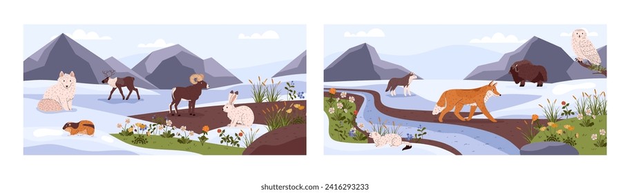 Tundra wild animals and plants on nature landscape with mountains and river vector illustrations set. Northern taiga flora and fauna. Cartoon Arctic hairy animals, polar herbs and flowers