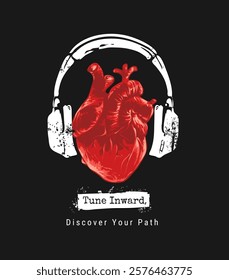 tune inward slogan with heart and headphone graphic vector illustration on black background