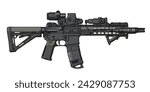 Tuned AR-15 M4 Assault Rifle with Collimator sight, magnifier, tactical unit and tactical front Grip Improved for Army and Police Special Operations. Vector illustration