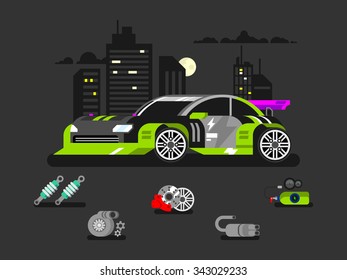 Tuned machine nitrous oxide. Diagnostic engine car, transportation automotive, motor and vehicle, flat vector illustration