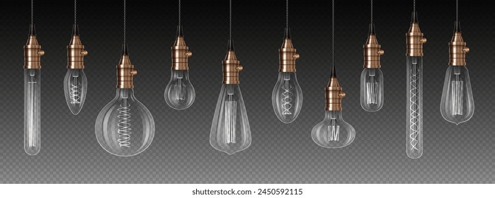 Tuned off lightbulbs 3d realistic vector illustration set. Interior decor pendant lantern assortment design. Incandescent lamps on transparent background