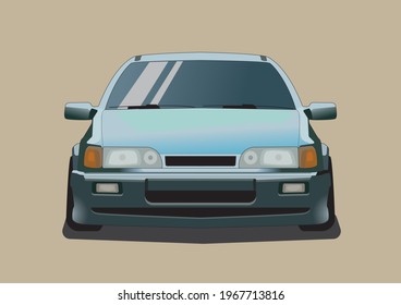 Coche viejo sintonizado de la vista frontal azul de los años 90 de 1990. Ilustración vectorial. Fondo marrón