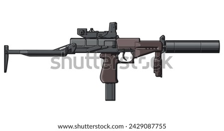 tuned Russian SR-2m veresk submachine gun with collimator sight, silencer, improved for special operations of the army and police. Vector illustration