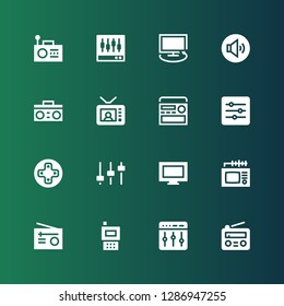 tuner icon set. Collection of 16 filled tuner icons included Radio, Levels, Tv, Controls, Volume adjustment