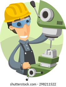 Tuner Lathe Operator Working with Helmet and Apron, vector illustration cartoon.