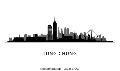 Tung Chung with Hong Kong Skyline Black Silhouette.