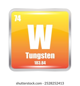 Tungsten icon. W chemical element. Atomic number 74. Mass 183.84. Orange square.