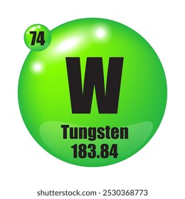 Tungsten icon. W chemical element. Atomic number 74. Mass 183.84. Green sphere image. Vector symbol.