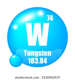 Tungsten icon. W chemical element. Atomic number 74. Mass 183.84. Blue sphere image. Vector symbol.