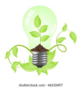 Tungsten light bulb with plant inside. Isolated on white background. Vector illustration.