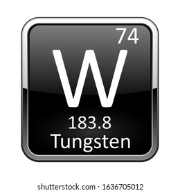 Tungsten symbol.Chemical element of the periodic table on a glossy black background in a silver frame.Vector illustration.