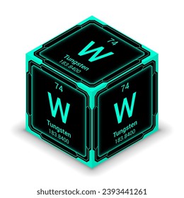 Tungsten (W) (074) - Fundamental Element Futuristic Cybernetic Cube Block Isometric View, Icon Isolated White Background, Periodic Table, Chemical Symbol, Name, Atomic Mass, Atomic Number