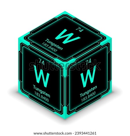 Tungsten (W) (074) - Fundamental Element Futuristic Cybernetic Cube Block Isometric View, Icon Isolated White Background, Periodic Table, Chemical Symbol, Name, Atomic Mass, Atomic Number