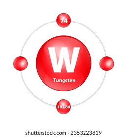 Tungsten (W) Icon structure chemical element round shape circle light red with surround ring. 3D Illustration vector. Period number shows of energy levels of electron. Study science for education
