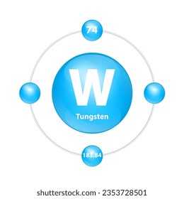 Tungsten (W) Icon structure chemical element round shape circle light blue with surround ring. Period number shows of energy levels of electron. Study science for education. 3D Illustration vector.