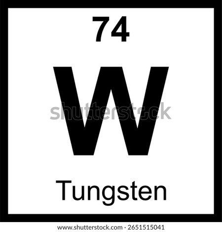 Tungsten (W) periodic table of elements tile. Icon with atomic number 74. Transition metal with the highest melting point, also known as Wolfram.