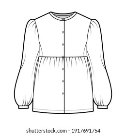 Tunic blouse technical fashion illustration with bouffant long sleeves, stand collar, gathered hem, oversized, button up. Flat apparel top template front, white color. Women, men unisex CAD mockup