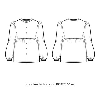 Tunic blouse technical fashion illustration with bouffant long sleeves, stand collar, gathered hem, oversized, button up. Flat apparel top template front, back white color. Women men unisex CAD mockup