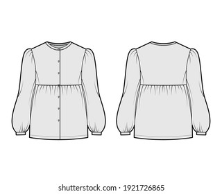 Tunic blouse technical fashion illustration with bouffant long sleeves, stand collar, gathered hem, oversized, button up. Flat apparel top template front, back white color. Women men unisex CAD mockup