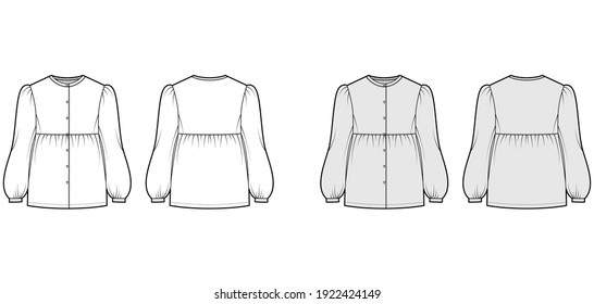 Tunic blouse technical fashion illustration with bouffant long sleeves, stand collar, gathered hem, oversized, button up. Flat apparel top template front, back, white, grey color. Women men CAD mockup