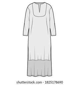 Tunic cadi dress technical fashion illustration with kaftan neck, long sleeves, high-low length, relaxed fit. Flat apparel template front, grey color. Women, men, unisex top CAD mockup