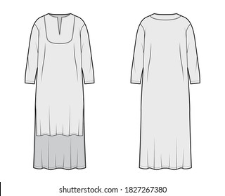 Tunic cadi dress technical fashion illustration with kaftan neck, long sleeves, high-low length, relaxed fit. Flat apparel template front, back, grey color. Women, men, unisex top CAD mockup