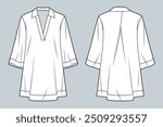 Tunic Dress technical fashion Illustration. Bell Sleeve Dress fashion flat technical drawing template, mini, three-quarter sleeve, relaxed fit, front, back view, white, women, men, unisex CAD mockup.