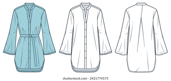 Tunic Dress technical fashion Illustration. Bell Sleeve Shirt Dress fashion technical drawing template, button down, mini, relaxed fit, front, back view, white, blue, women, men, unisex CAD mockup. 