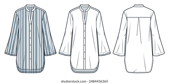 Tunic Dress technical fashion Illustration. Bell Sleeve Shirt Dress fashion flat technical drawing template, mini, relaxed fit, front, back view, white, gray stripe, women, men, unisex CAD mockup set 