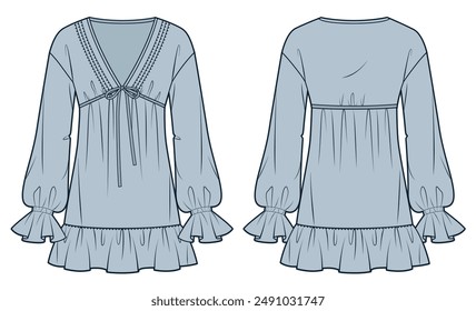 Tunic Dress technical fashion illustration. Ruffled Dress fashion flat technical drawing template, balloon sleeve, v neck, mini length, relaxed fit, front and back view, white, blue, women CAD mockup.