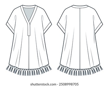 Tunic Dress technical fashion Illustration. Tassel Trim Dress fashion flat technical drawing template, mini, kimono sleeve, oversize, front and back view, white, women, men, unisex CAD mockup.