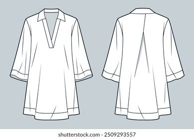 Tunica Vestido moda técnica Ilustração. Bell Sleeve Vestido moda modelo de desenho técnico plano, mini, manga de três quartos, ajuste relaxado, frente, vista traseira, branco, mulheres, homens, maquete CAD unisex.