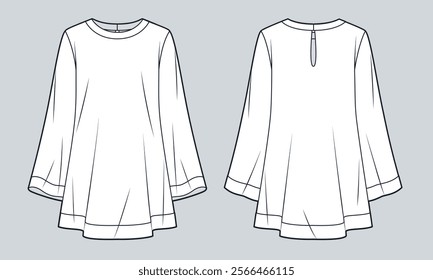 Tunic Dress technical fashion Illustration. Bell Sleeve Dress fashion flat technical drawing template, mini, long sleeve, relaxed fit, front and back view, white, women, men, unisex CAD mockup.