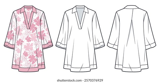 Tunic Dress technical fashion Illustration, floral pattern. Bell Sleeve Dress fashion flat technical drawing template, mini, three quarter sleeve, front, back view, white, pink, women CAD mockup set.