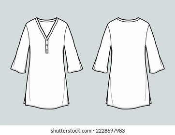 Tunic with long sleeve flat sketch. Summer dress apparel design. Front and back. Women CAD mockup. Technical drawing template. Vector illustration.