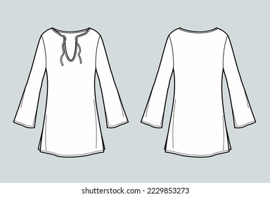 Tunic with long sleeve flat sketch. Summer dress apparel design. Front and back. Women CAD mockup. Technical drawing template. Vector illustration.