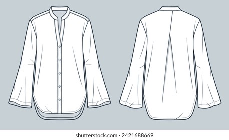 Tunic Shirt technical fashion Illustration. Bell Sleeve Tunic fashion flat technical drawing template, button down,v neck, relaxed fit, front and back view, white, women, men, unisex CAD mockup.