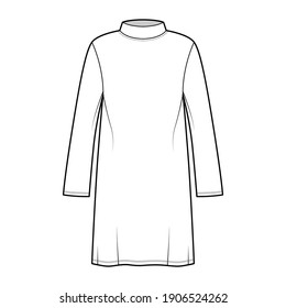 Tunic sweater technical fashion illustration with stand-away collar, long sleeves, oversized, knee length. Flat modest shirt apparel top template front, white color. Women men unisex CAD mockup