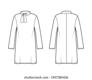 Tunic sweater technical fashion illustration with tie stand-away collar, long sleeves, oversized, knee length. Flat modest shirt apparel top template front, back, white color. Women unisex CAD mockup