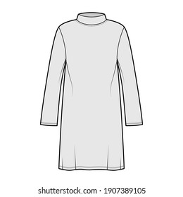 Tunic Sweater Technical Fashion Illustration With Stand-away Collar, Long Sleeves, Oversized, Knee Length. Flat Modest Shirt Apparel Top Template Front, Grey Color. Women Men Unisex CAD Mockup