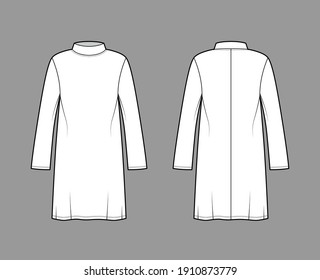 Tunic Sweater Technical Fashion Illustration With Stand-away Collar, Long Sleeves, Oversized, Knee Length. Flat Modest Shirt Apparel Top Template Front, Back, White Color. Women Men Unisex CAD Mockup