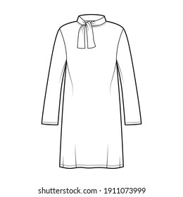 Tunic Sweater Technical Fashion Illustration With Tie Stand-away Collar, Long Sleeves, Oversized, Knee Length. Flat Modest Shirt Apparel Top Template Front, White Color. Women Men Unisex CAD Mockup