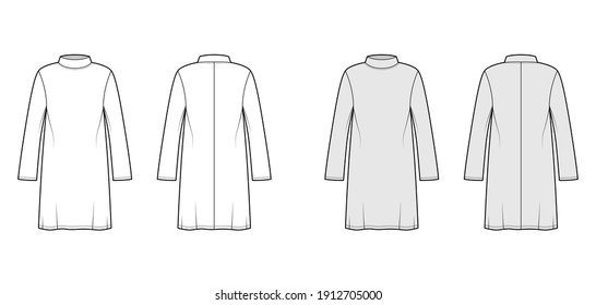 Tunic Sweater Technical Fashion Illustration With Stand-away Collar, Long Sleeves, Oversized, Knee Length. Flat Modest Shirt Apparel Top Template Front, Back, White, Grey Color. Women Men CAD Mockup