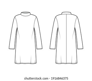 Tunic sweater technical fashion illustration with stand-away collar, long sleeves, oversized, knee length. Flat modest shirt apparel top template front, back, white color. Women men unisex CAD mockup