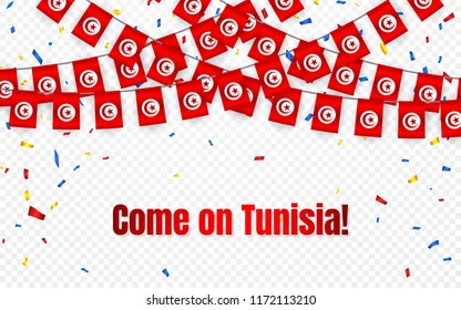 Tunicia garland flag with confetti on transparent background, Hang bunting for celebration template banner, Vector illustration.