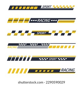 Tuning bars. Sports racing stripes, sport car, motorbike, boat stickers, striped vehicle decals. Racing sport elements flat vector illustration set