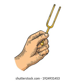 Tuning fork in hand color sketch engraving vector illustration. Scratch board style imitation. Black and white hand drawn image.