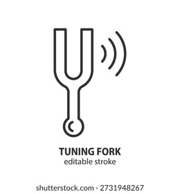 Tuning fork line icon for precision musical tuning and sound frequency calibration, harmonic pitch for instrument. Editable stroke. Vector illustration.