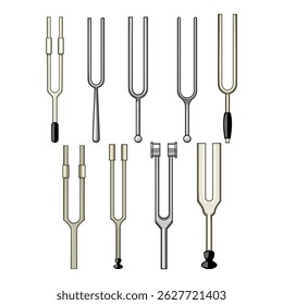 desenho animado conjunto de diapasão. champanhe cristal, flauta tumbler, stemware bordeaux tuning fork sign. ilustração de vetor de símbolo isolado