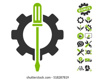 Tuning Options Gear icon with bonus setup tools clip art. Vector illustration style is flat iconic eco green and gray symbols on white background.